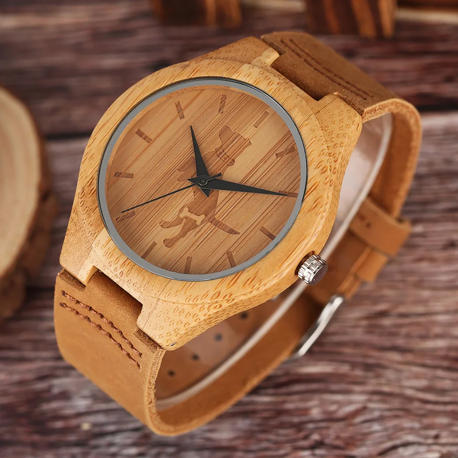 High Quality Men Wood Watch Natural Bamboo Wooden Handamde Lighweight Quartz Wristwatch CatDog Pattern Cute Animal Clock (32)