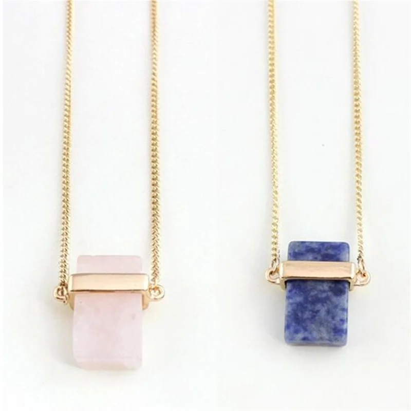 

Blue Pink Quartz Necklace Rectangle Natural Stone Pendant Sweater Long Necklaces Geometric Charms Accessories Body Jewelry