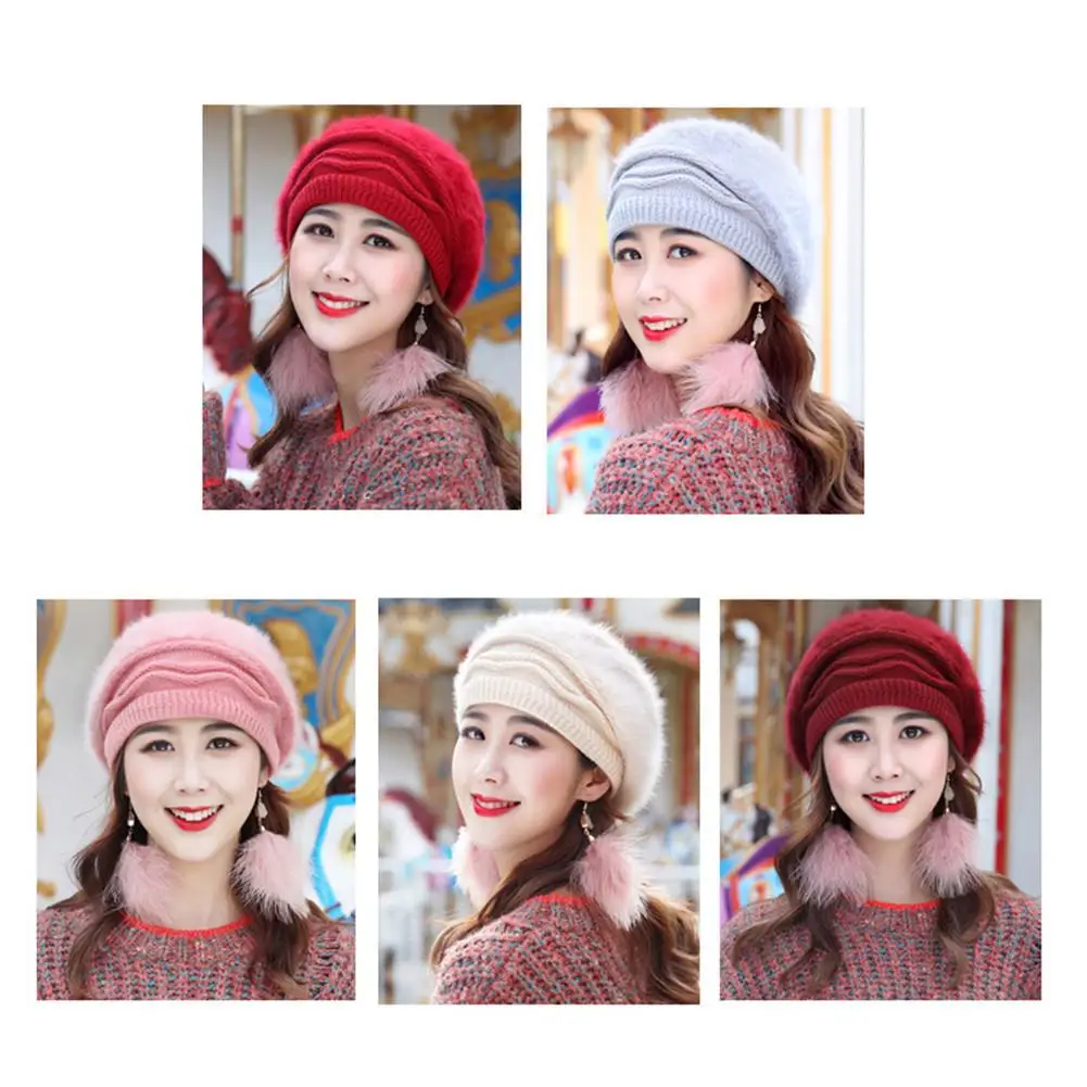 Зимняя одноцветная утолщенная теплая вязаная шапка из кроличьей шерсти для женщин, теплые шапки, вязаные шапки с флисовой подкладкой, Модный берет
