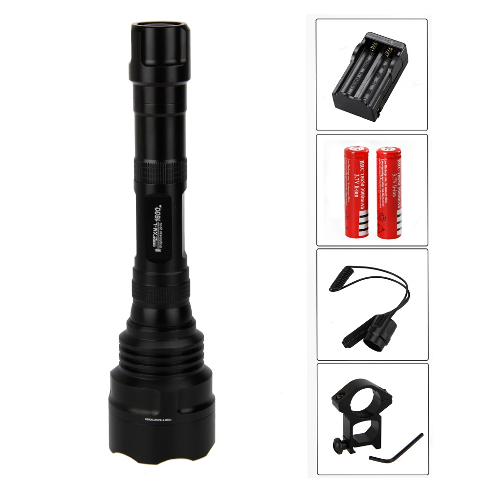 

1600Lm T6 LED Tactical Flashlight Torch Mount Hunting Battery Gun+18650+Charger+Press Switch