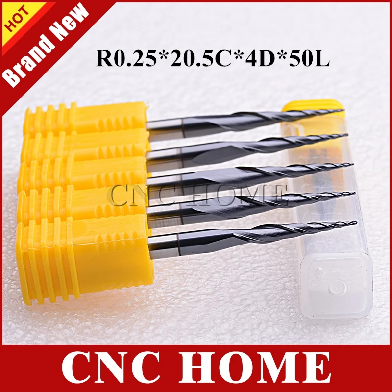 

5pc R0.25*20.5C*4D*50L*2F HRC55 Tungsten Steel Carbide Ball Nose End Mill Nano Coated Tapered Cone Type CNC Taper Milling Cutter