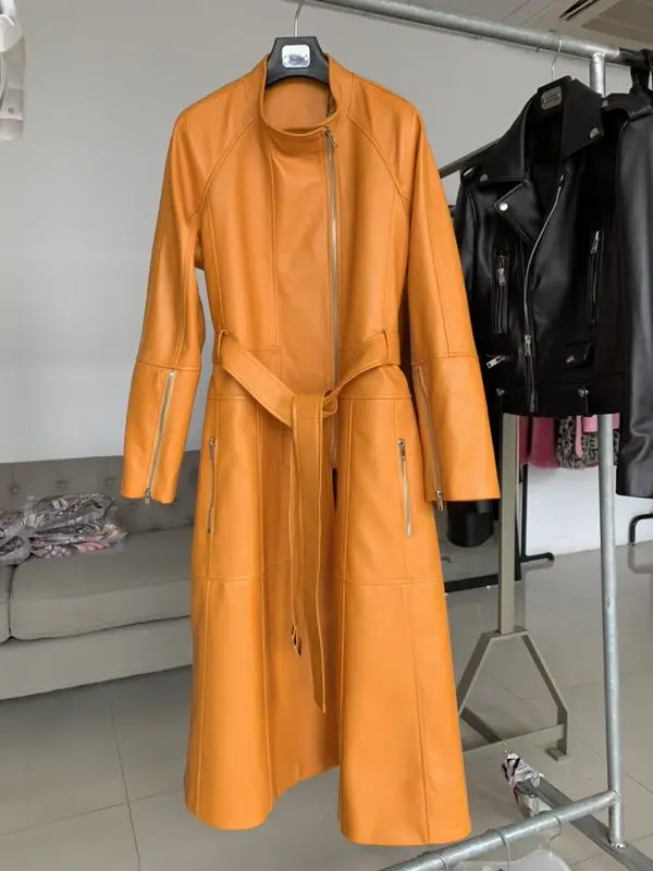 Высококачественная Женская длинная куртка осень зима Подиум мода длинный рукав овечья кожа пальто с поясом