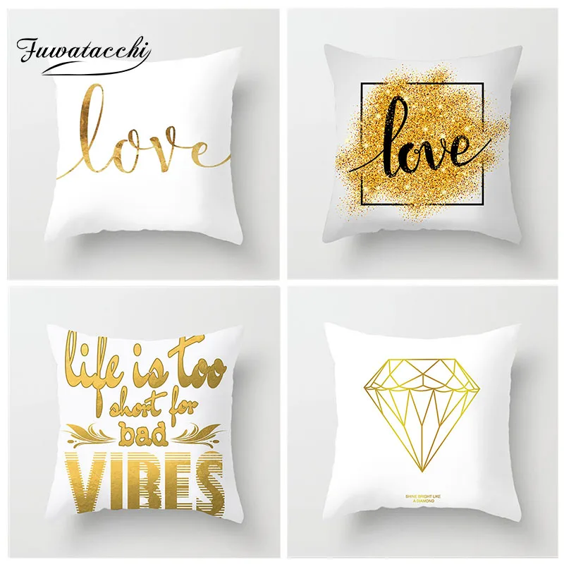 

Fuwatacchi Love Geometry Cushion Cover Bronzing Letter Printed Throw Pillow case White Decorative Pillow Cover for Lover Gift