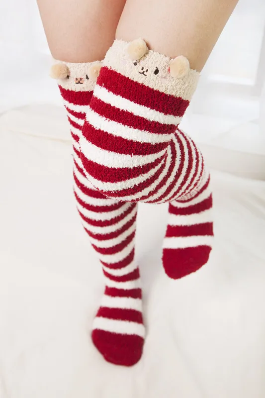 Japanescht Mori Meedchen Déiermodell Knéi Gestreift Séiss Kompressioun Hierscht Wanter Waarm Socken Kawaii Gemittlech Laang Oberschenkel Héich_voghion.com