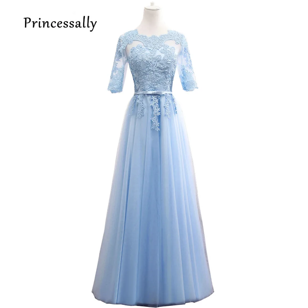 Платье женское светло синее кружевное с глубоким вырезом длиной до пола|bridesmaid dress