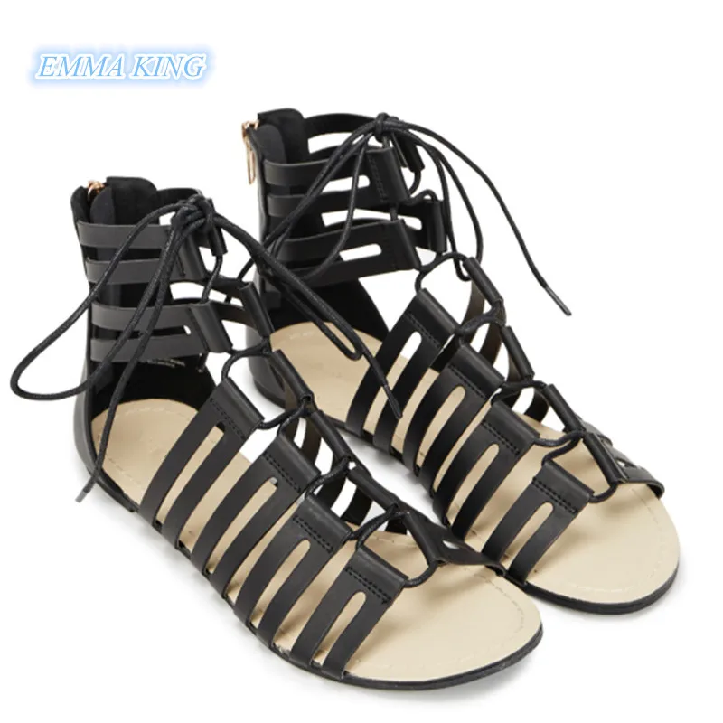 Black Leather Lace-Up Sexy Flat Sandals Women Open Toe Hollow Stylish Gladiator Sandals Summer 2019 Classic Back Zip Shoes Woman