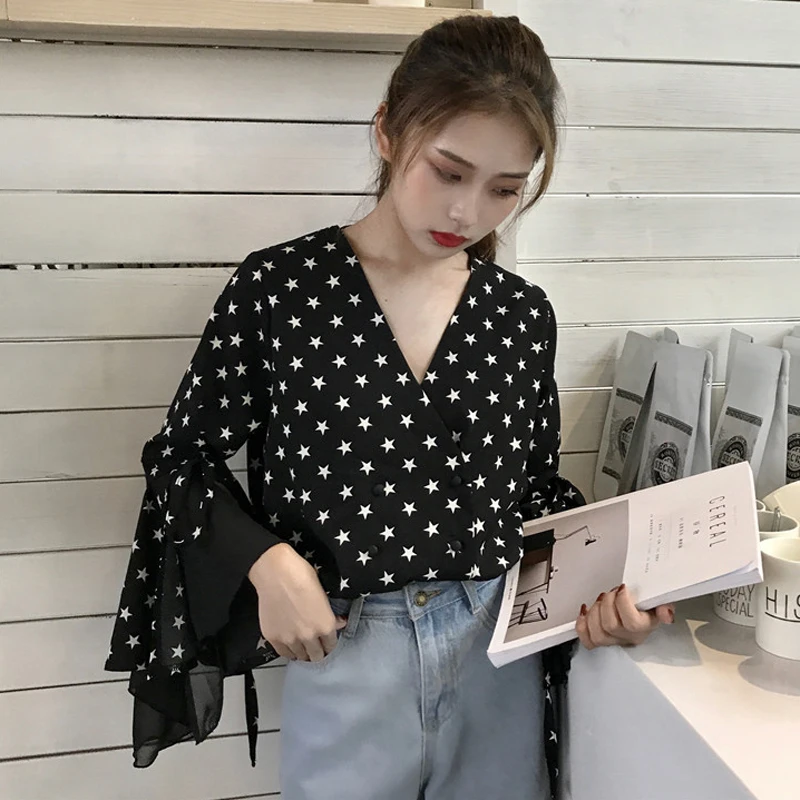 

chic chiffon woman shirts spring fashion brands black Women's Clothing loose Blouses v-neck flare sleeve star print tops new