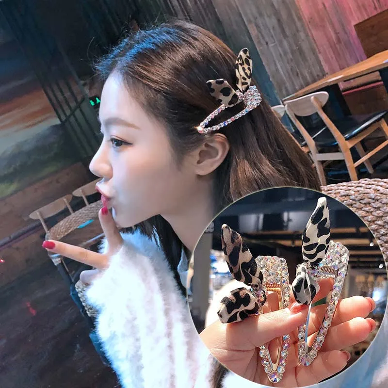 

Fashion Crystal Rhinestones Hair Clips Leopard Rabbit Ear Hairpins Hair Accessories for Women Girls Barrettes Headwear