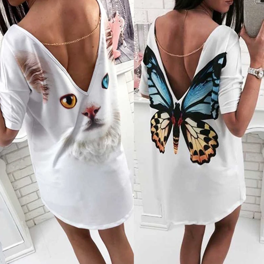 New Fashion Women T-shirt Sexy Deep V Backless Loose T-shirts Ladies Short Sleeve Cartoon Cat Butterfly Print Casual T-Shirt