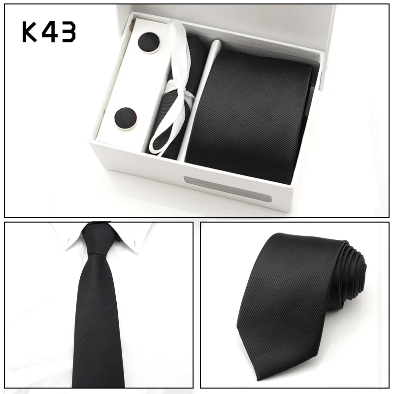  2017 New High Quality 8CM Ties Set for Men Cufflink Pocket Square Tie Clips Handkerchief Mens Black