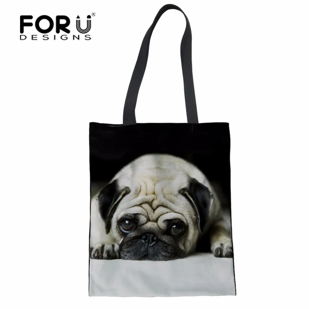 

FORUDESIGNS Pug Dog Printed Cotton Canvas Shopping Bags Custom Tote Bags Foldable Reusable Bags Student Book Bag 34*42cm