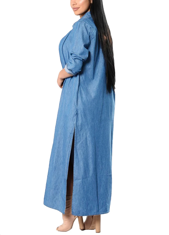 

2018 Spring Maxi Long Coat Women Denim Trench Coat Open Front Waterfall Long Sleeve Split Casual Outwear female Overcoat Blue