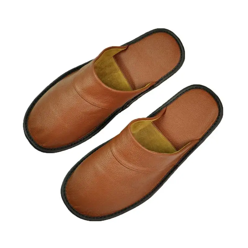 Genuine Cow Leather slippers couple indoor non-slip men and women home fashion casual single shoes PVC soft soles spring autumn - Color: 528 Coffee