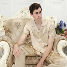 Хорошо вентилируемые гладкая 100 шелк тутового шелкопряда Мужская футболка с короткими рукавами длинные шелковые Пижама, одежда для отдыха(бокал для шампанского