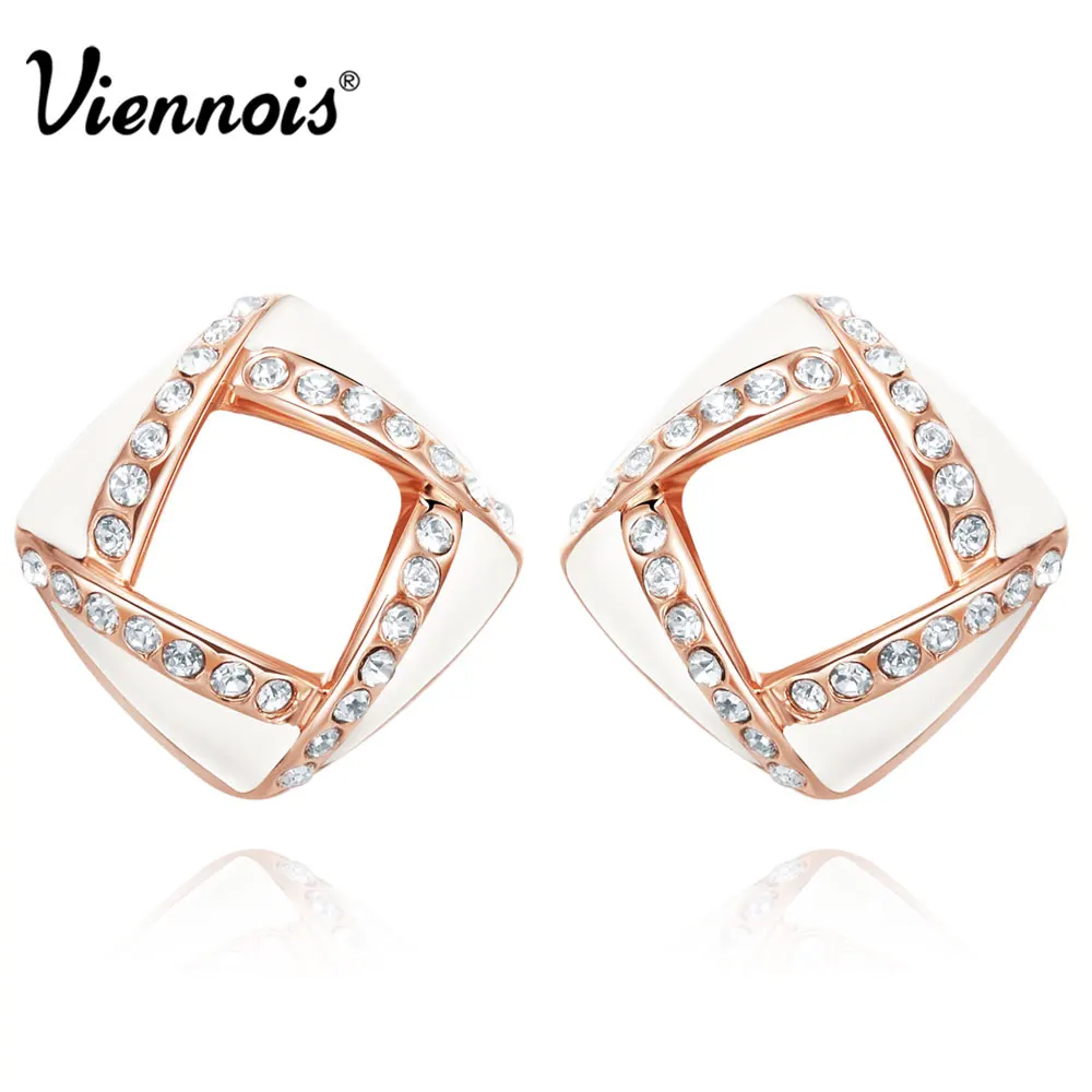 Viennois New Rose Gold Color Square Rhinestone Paved Stud Earrings for Women Girls Black/White Enamel Hollow out Fashion Jewelry