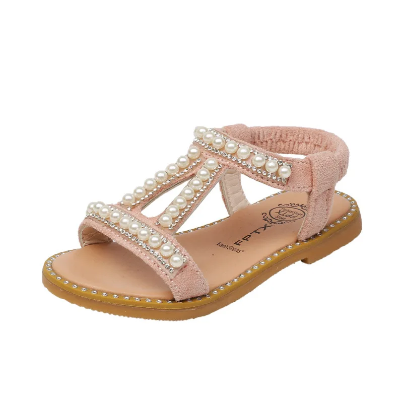 

New Kids Baby Teenagers Girls School Sandals 2019 Summer Princess Pearl Flat Bare Toes Shoes for Little Girls Beach Shoes
