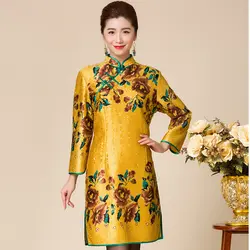 Новинка 2019 года осень зима среднего возраста для женщин Винтаж шелк плиссированное платье с цветочным принтом Китайская традиционная