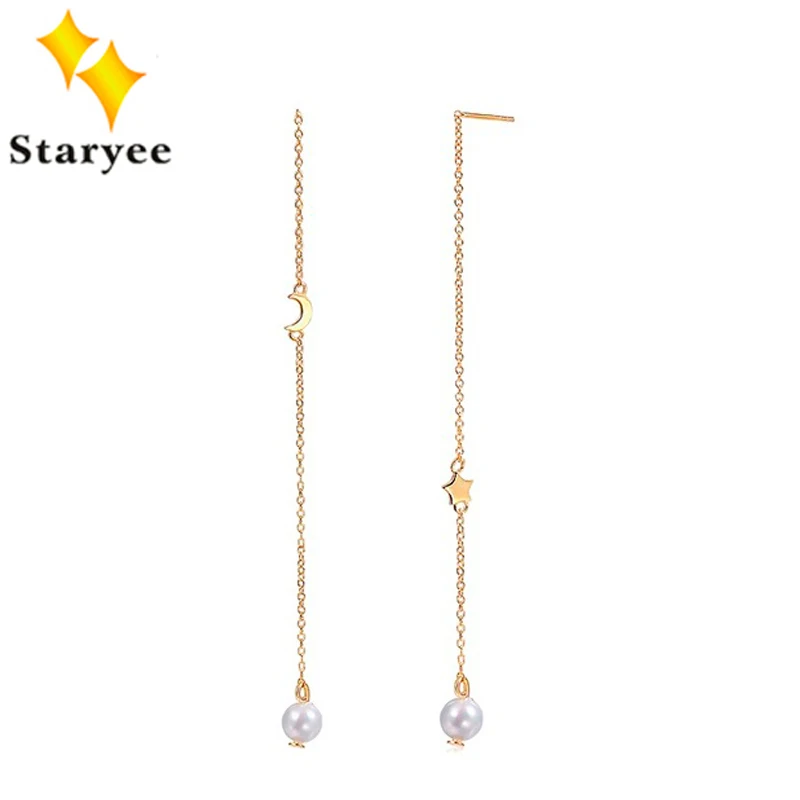 

STARYEE 18K Solid Yellow Gold Moon & Star Jewelry Elegant Ethnic Freshwater Pearls Drop Earrings For Women Birthday Party Gift