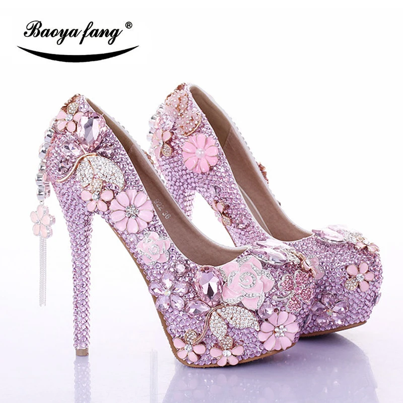 Rosa Baoyafang Ankle Shoe Shoe Luxus Frau Strap Pink Hochzeit Frauen Weibliche white 12cm Party Hohe pink 14cm Kleid Pumpen Shoe Schuhe Blume Kristall Plattform 151rnWx