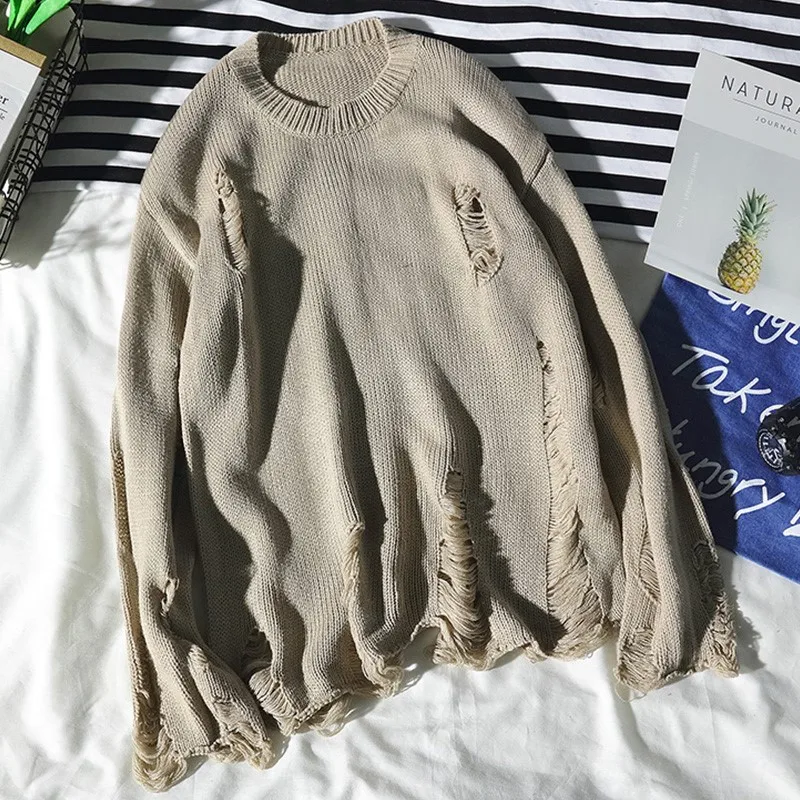 

Autumn winter men personality ripped hole hip hop sweater pull homme man vintage street punk jumper knitwear