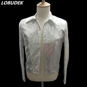 

Silvery Sequins Jacket Fashion Slim Short Coat Men Singer Nightclub Clothing Bar Concert Performance Costume Host Stage Blazers