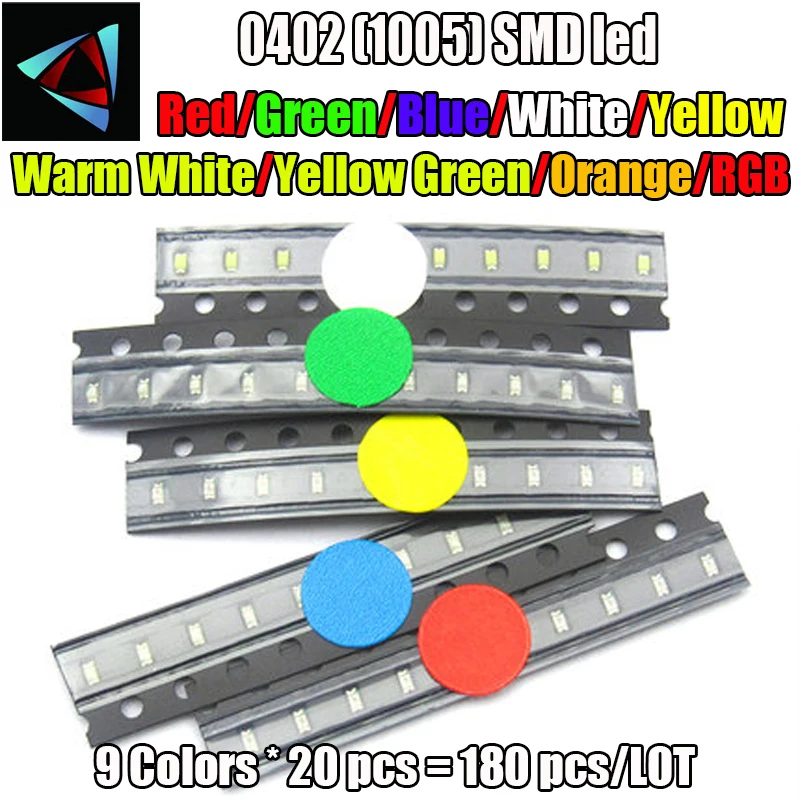 9 значений X 20 шт. = 180 (180 шт./лот) 0402 SMD светодиодные комплекты красный желтый синий