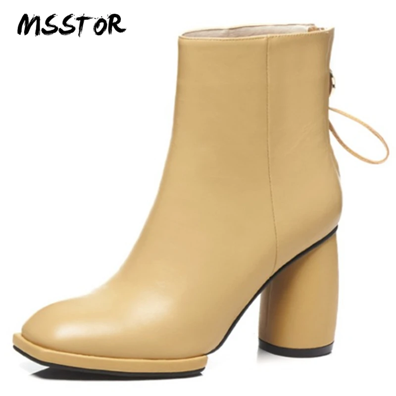 

MSSTOR Butterfly-knot Yellow Shoes Fashion Round Heels Sexy Autumn Winter Platform Boots Square Toe High Heels Boots Women 8.5CM