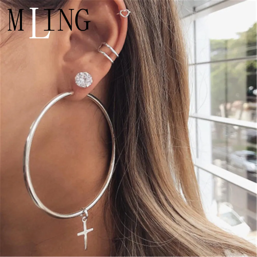 

MLING 2019 New Cross Crystal Earrings For Women Silver Drop Dangle Earring Geometric Jewelry Gifts