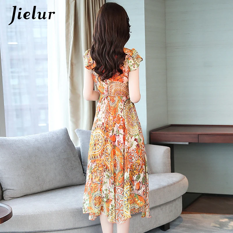 Jielur, женское платье, шифон, модное, корейский стиль, короткий рукав, платья, желтый, цветочный принт, размера плюс, Vestidos, v-образный вырез, летнее платье