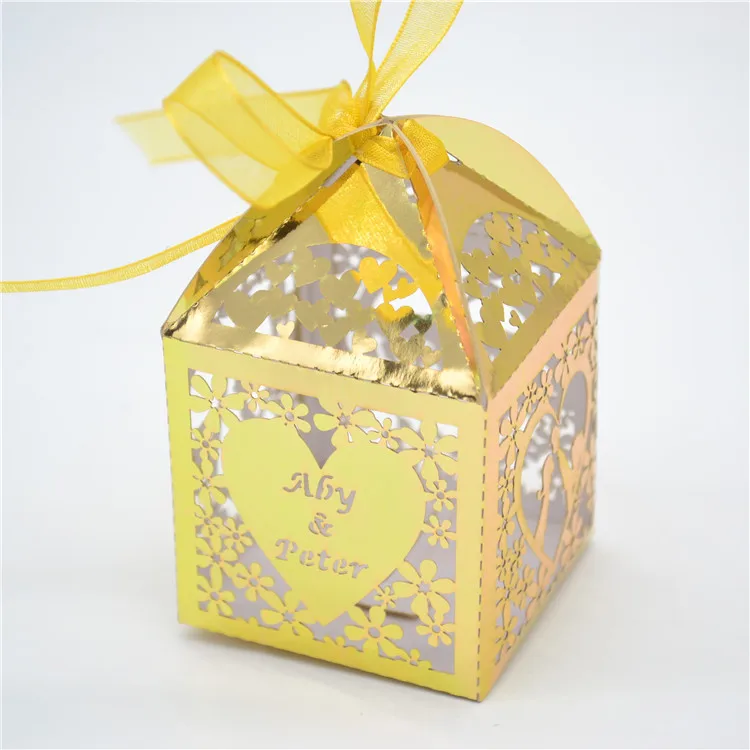 Gold metallic paper laser cut personalized wedding sweets box - Цвет: metallic gold