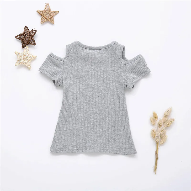 Однотонная футболка для маленьких девочек летние модные мягкие топы с короткими рукавами и открытыми плечами для маленьких детей от 6 до 24 месяцев, A20