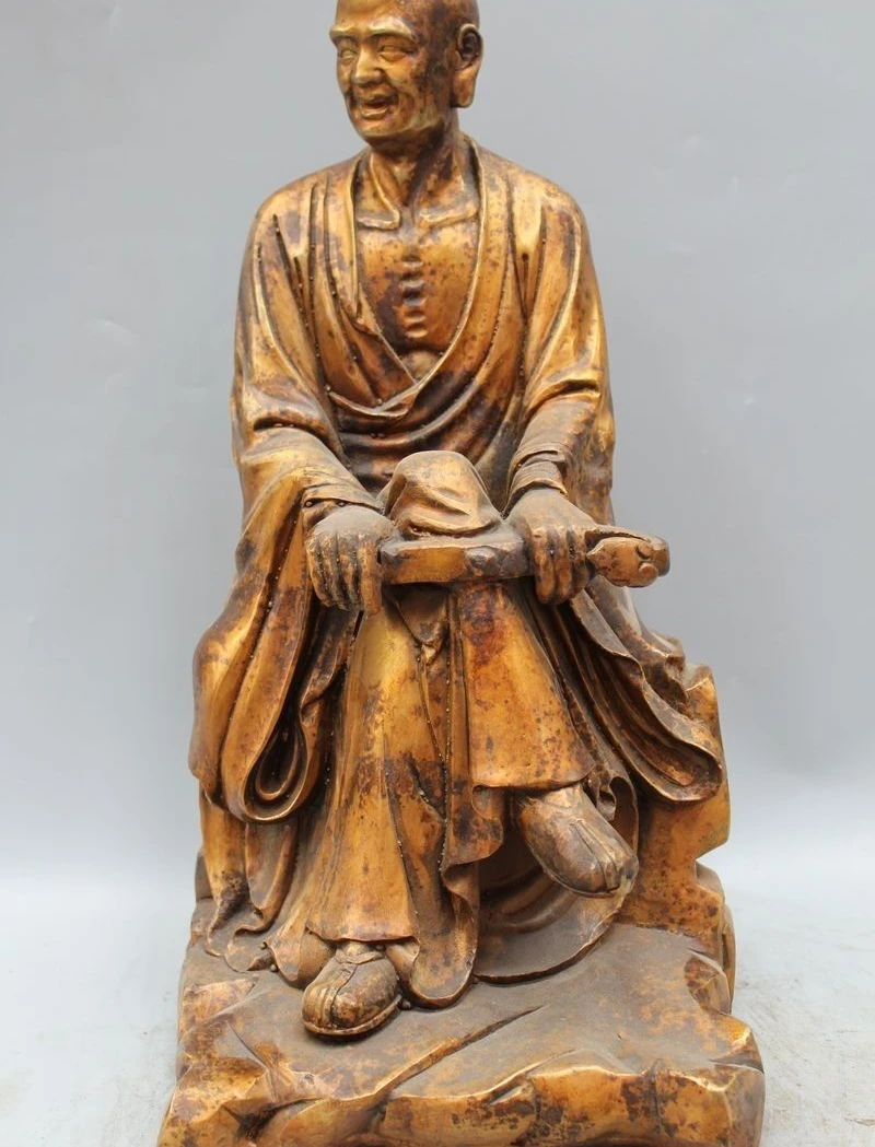 

15" Chinese Buddhism Bronze Gild Eighteen Arhats Ruyi shaveling Monk Buddha