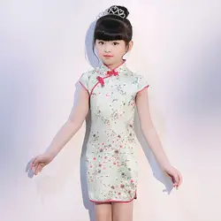 Летние Платья с цветочным принтом для маленьких девочек, Qipao Детские платья в китайском стиле для девочек с цветочным принтом, Чонсам с
