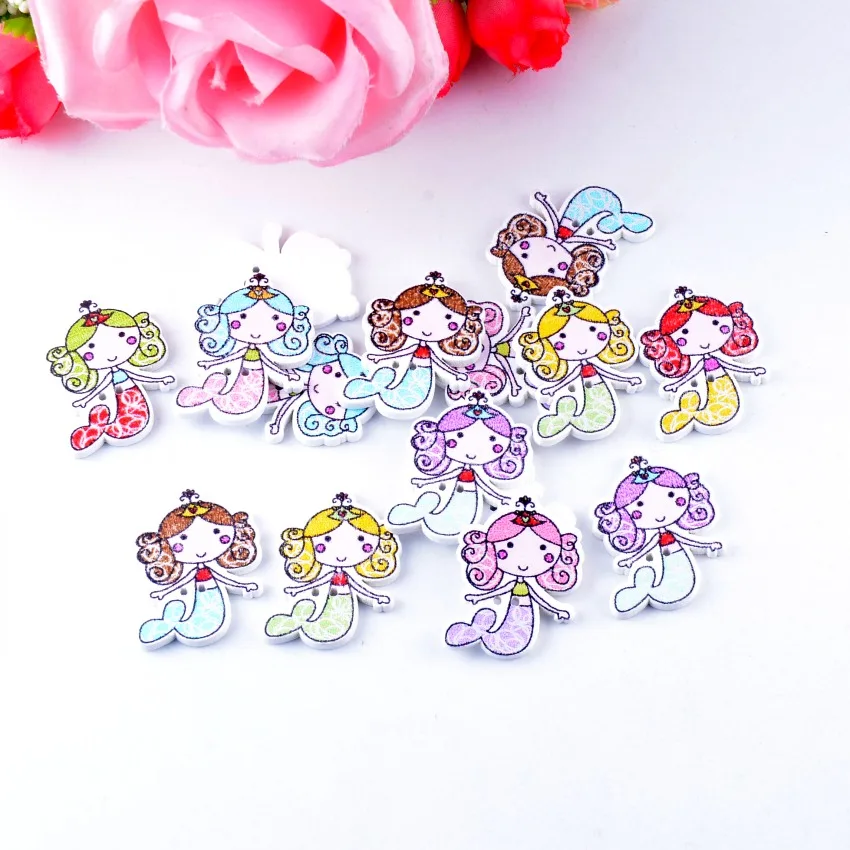 

Free Shipping Retail 10pcs Mixed 2 Holes Cartoon Lovely Castle Series Mermaid Buttons Cartoons Wood Sewing Buttons 28x32mm