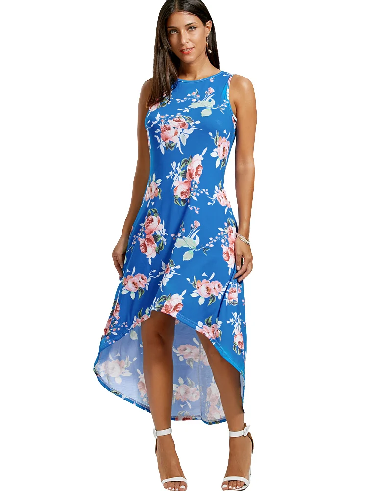 Fashion Women Asymmetric Maxi Dress Floral Print Sleeveless Summer ...