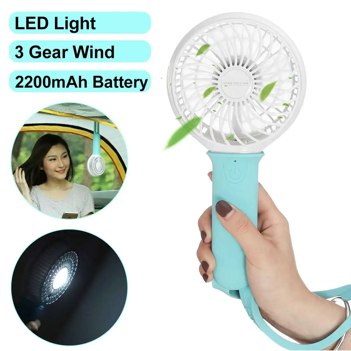 

2200mAh Portable Handheld USB Mini Fan LED Light Rechargeable Outdoor Sports Emergency Power Small Fan Air Conditioner