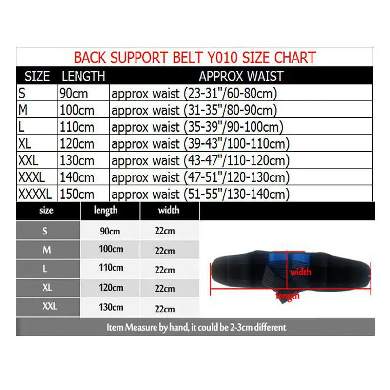 Back Support Belt Size Chart