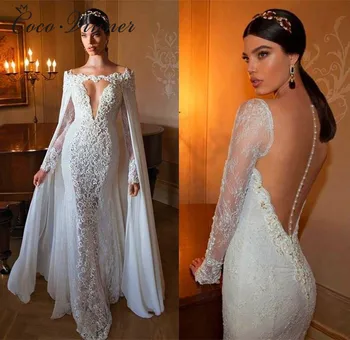 

Long Sleeve Vintage V neck With Wrap Mermaid Wedding dress New Ivory Illusion Dubai Wedding Dresses Bridal Gown W0266