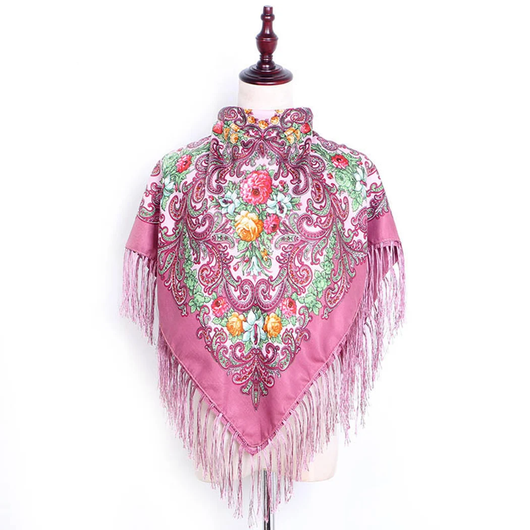 Русский этнический стиль, женский квадратный шарф, цветочный принт, шарф с кисточками, Ретро стиль, цветок, Хлопковое одеяло, шаль, модные женские шарфы, обертывания - Цвет: Pink