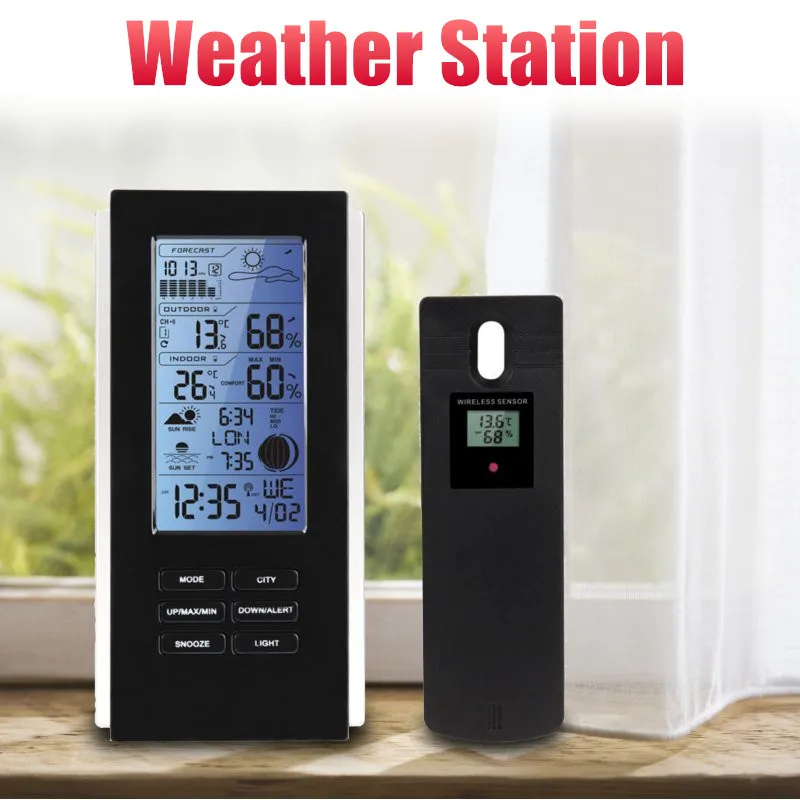 

New Home LCD Digital Wireless Weather Station Sensors Thermometer Hygrometer Alarm Clock Calendar Temperature Records Display