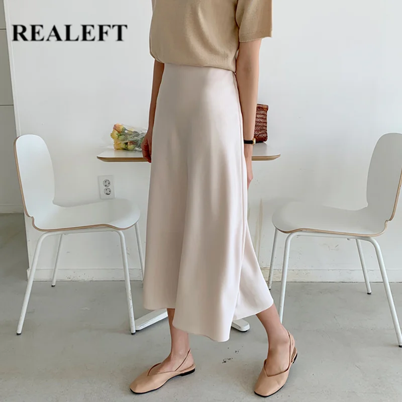 

REALEFT 2019 New Arrival Women Fashion Silk Satin A-Line Elegant Skirts Simple Soft Women Midi Skirts for Women Korean Style