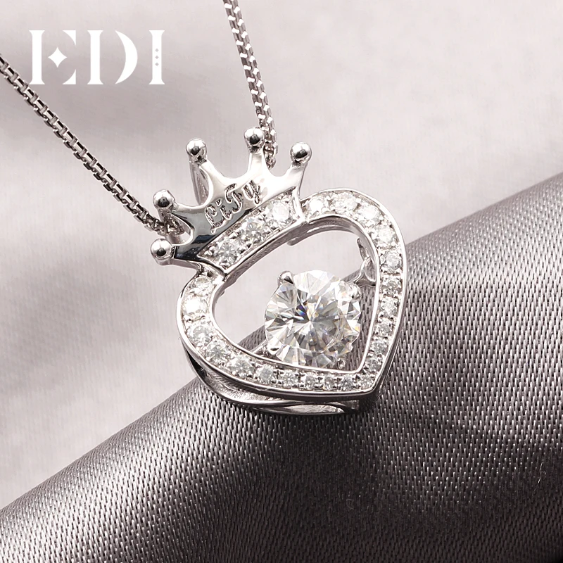 EDI Beating Heart Pendant Necklace Real 18K 0.9ctw Moissanites Heart and Royal Crown Halo Pendant Women Anniversary Jewelry Gift