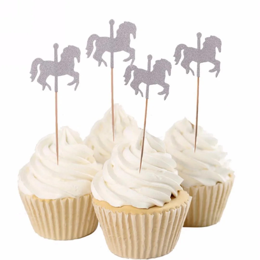 5pcs/set  Glitter Rotating Horse Cupcake Picks Cake Toppers Party Wedding Decoration Gold/Silver