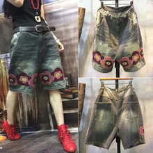 Новая мода половина брюки для девочек для женщин деним эластичный пояс повседневное Лето 1/2 вышивка цветок