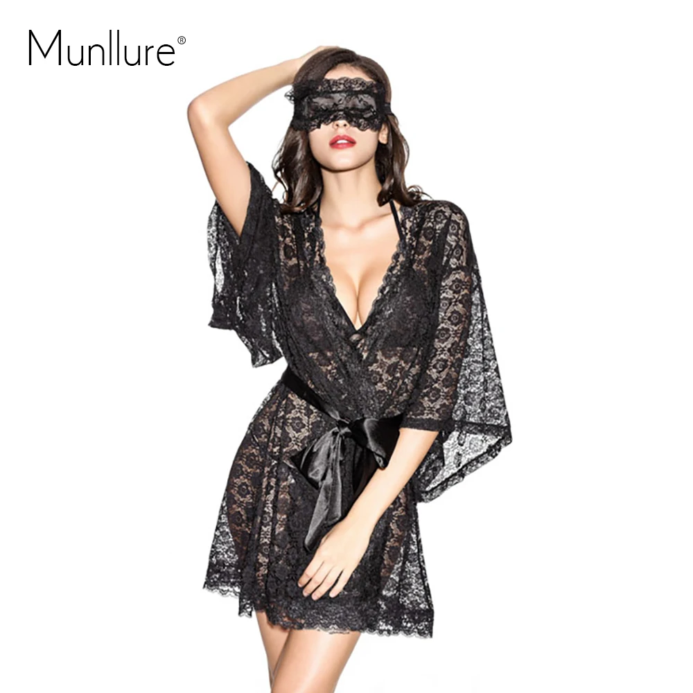 

Munllure Black transparent lace lacing sleepwear nightgown romantic sexy butterfly sleeve luxury robe