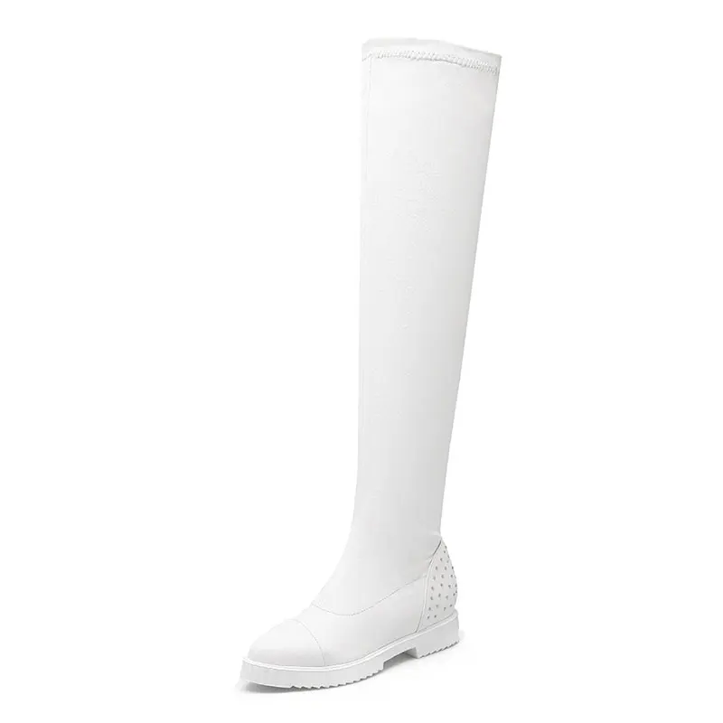 

elastic band PU leather long boots slip-on rivets decoration thigh high chelsea boots small pointed toe botas femining dxj1287