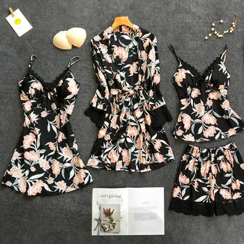 

White Womens 4PC Strap Top Pants Suit Pajamas Sleepwear Sets Spring Home Wear Nightwear Sexy Kimono Robe Bath Gown Bathrobe