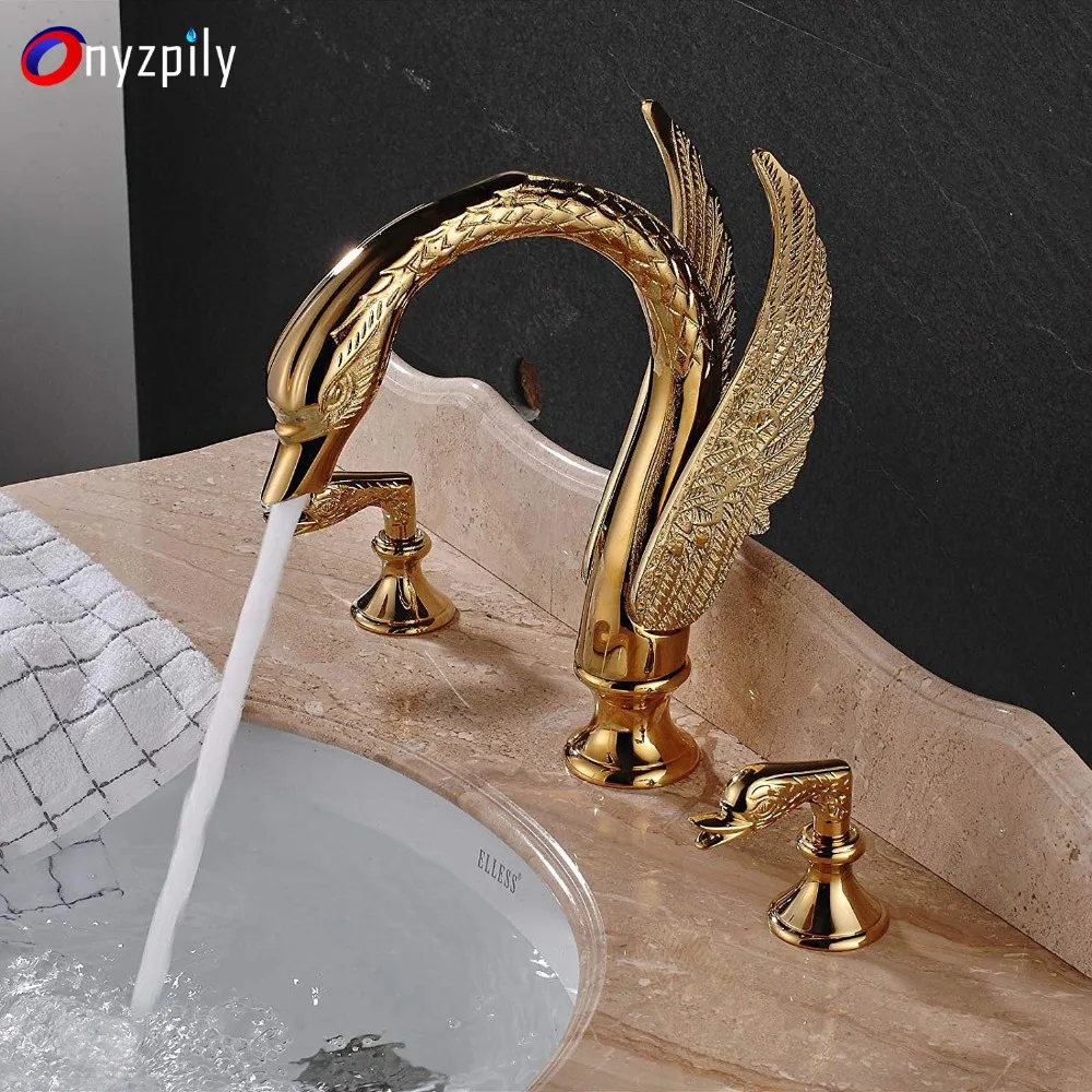 Golden Faucet Copper Single Hole Hot and Cold Antique Swan Shape Bathroom Wash Basin Mixing Valve Aperture 32MM to 40MM Can Be Installed CHENGYI