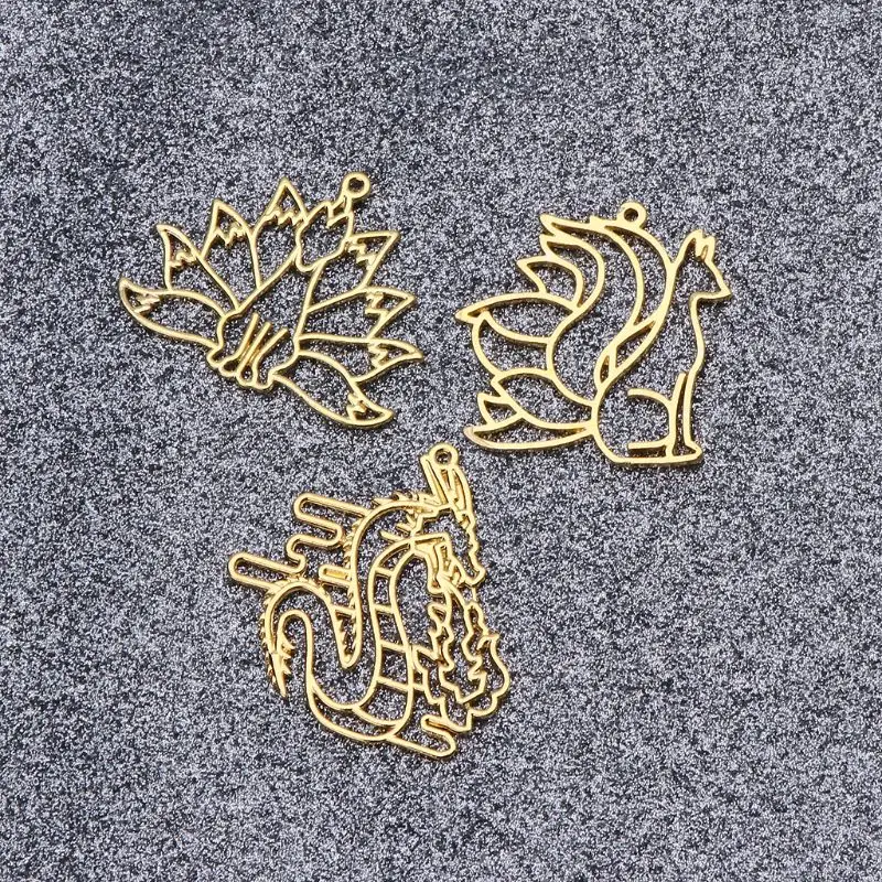 

4Pcs Fox Dragon Open Bezel Charm Metal Frame Hollow Pendant UV Resin Jewelry DIY