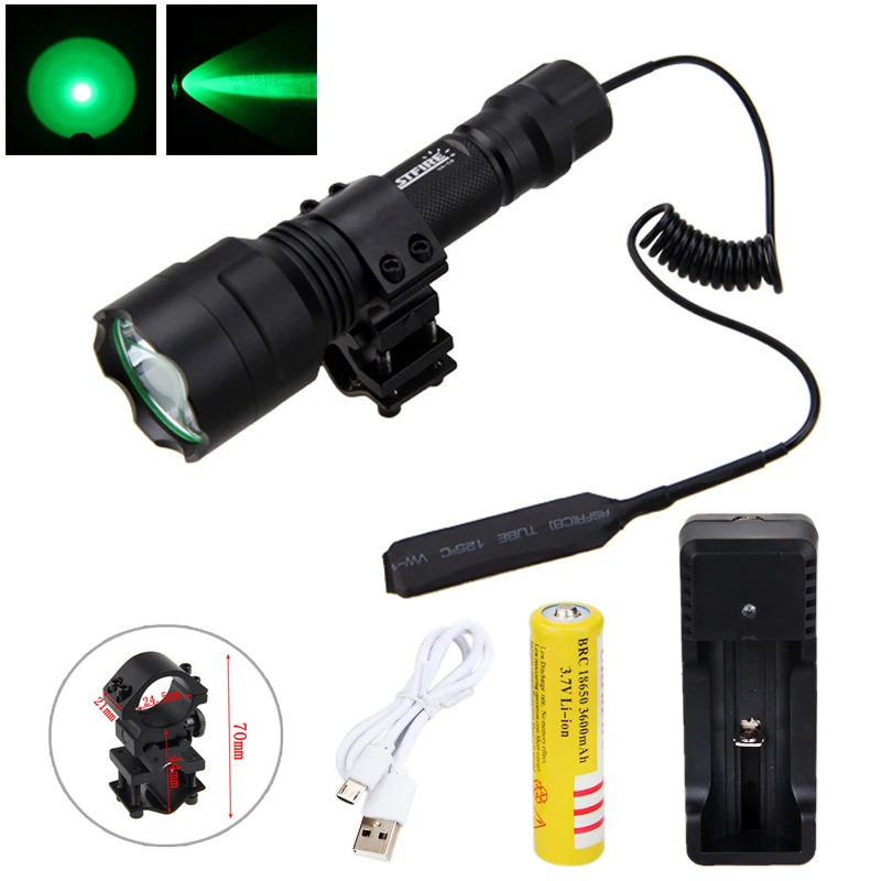 

LED Gun Light Tactical XM-L Green Hunting Flashlight+Rifle Scope Gun Mount+Remote Pressure Switch+18650 Battery+USB Charger